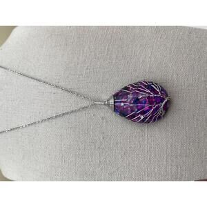 Purple Tree of Life Teardrop Pendant Necklace with Silver Wire Wrap